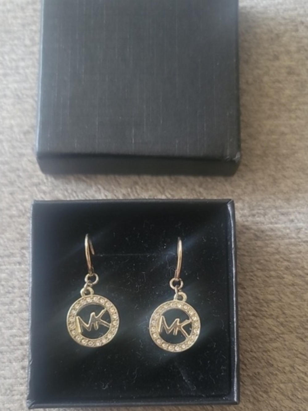 Michael Kors Gold Crystal Circle MK Drop Earrings